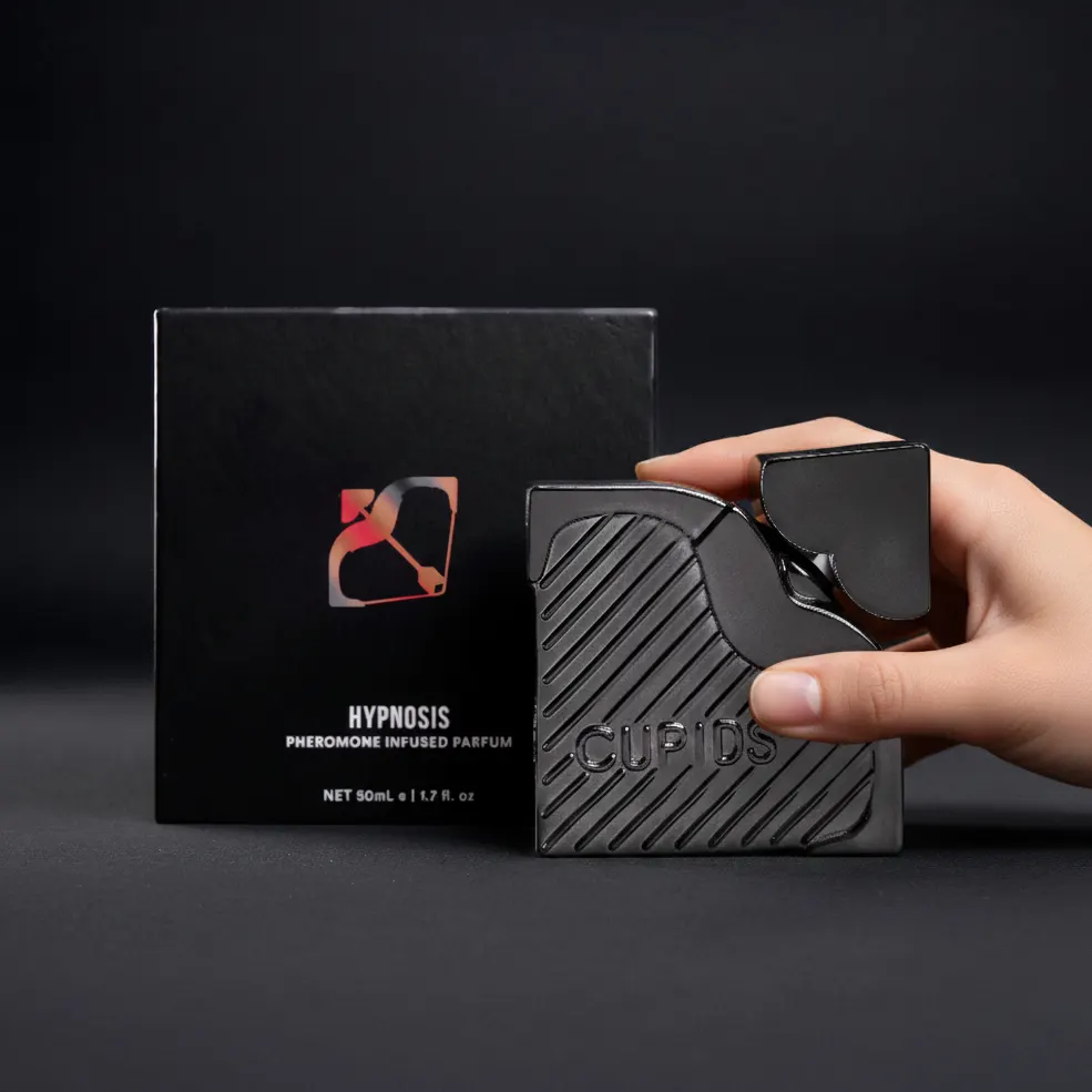 Cupids Hypnosis pheromone-infused fragrance bottle and box